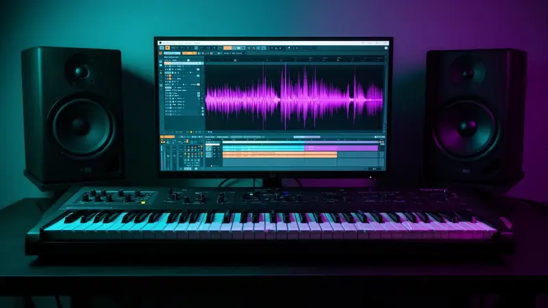 Professionelles Musikproduktionsstudio mit DAW-Setup, Synthesizer und Studiomonitoren